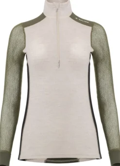 Aclima WoolNet Hybrid Mockneck naisten hybridikerrastopaita, Olive Night/Beige Melange/Jet Black