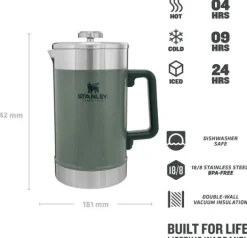 Stanley The Stay-Hot French Press kahvitermos, 1,4 L, harmaavihreä